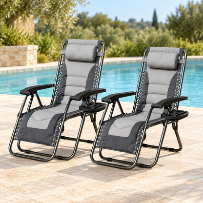 Set of 2 Padded Zero Gravity Reclining Chairs with Side Trays
