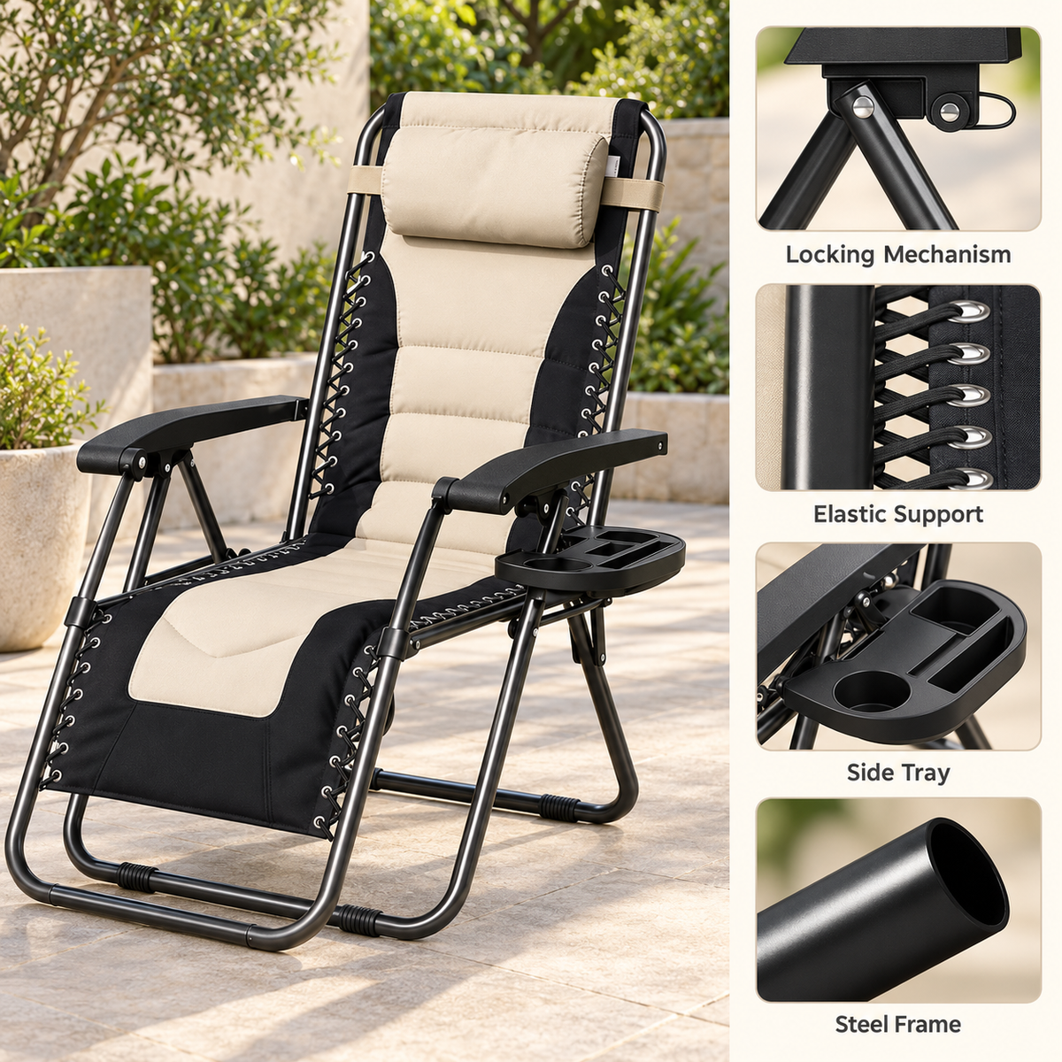 Set of 2 Padded Zero Gravity Reclining Chairs with Side Trays
