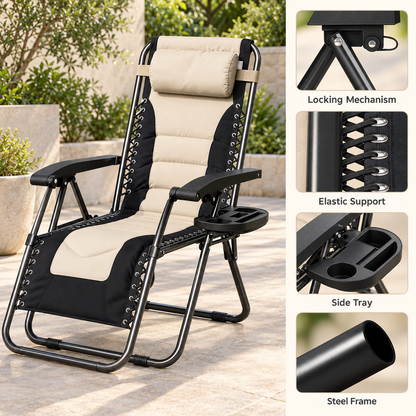 Set of 2 Padded Zero Gravity Reclining Chairs with Side Trays