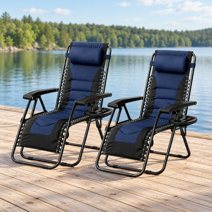 Set of 2 Padded Zero Gravity Reclining Chairs with Side Trays
