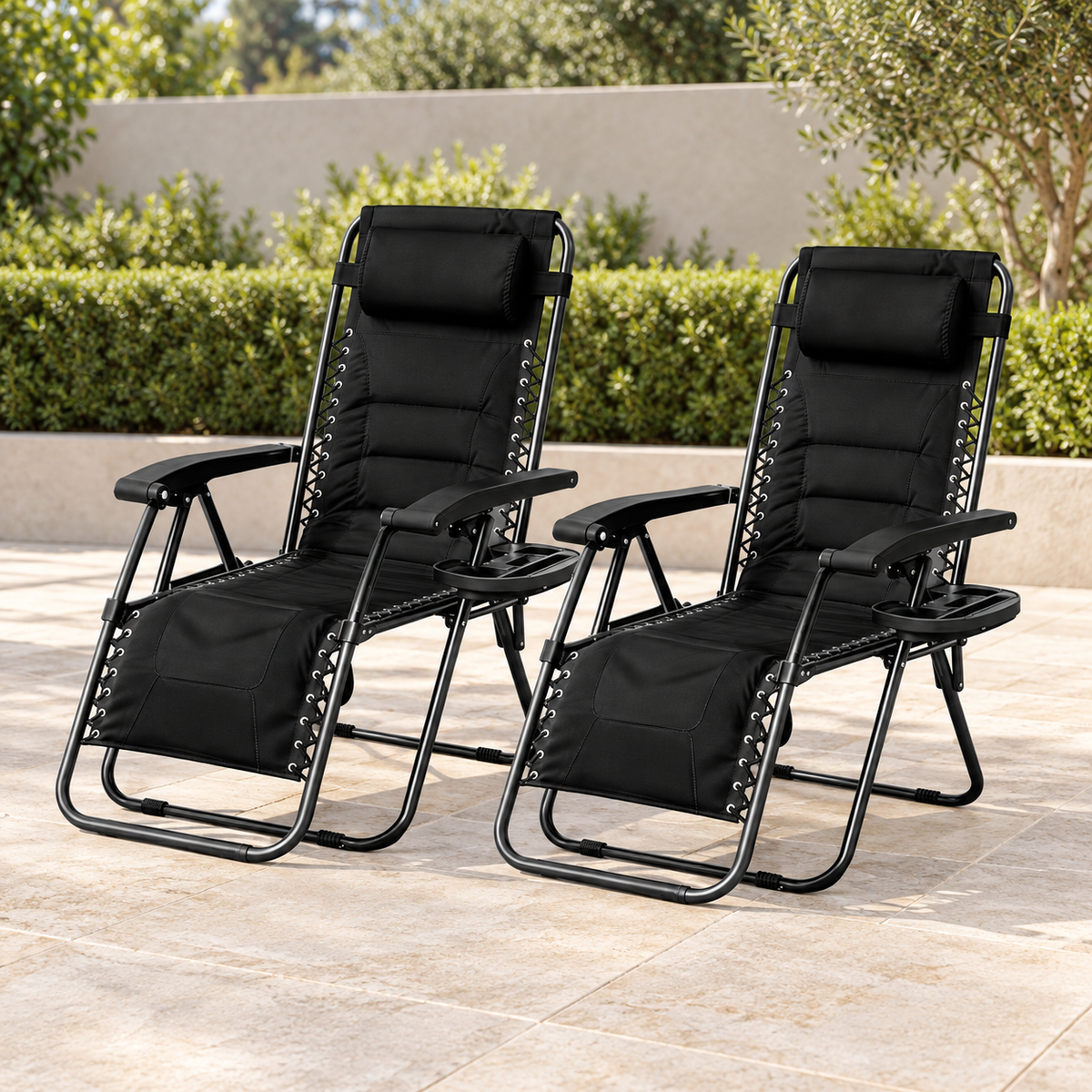 Set of 2 Padded Zero Gravity Reclining Chairs with Side Trays